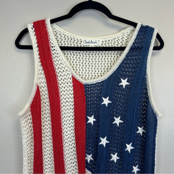 Cloud Chaser 1X Womens Knit American Flag Fringe Tank Top USA Summer Patriotic - Picture 2 of 9